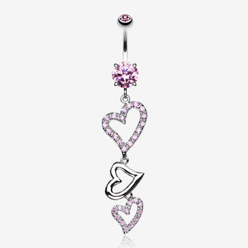 Curved Hearts Sparkle Belly Ring-Pink